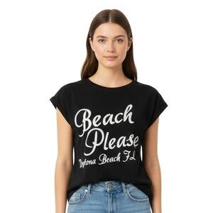 Wings Babydoll Tee Size S Black White Beach Please‎ Souvenir Coastal Travel New